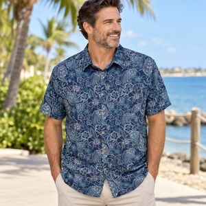 ROWM Mens XXL Blue Floral Stretch Short Sleeve Button Up Shirt‎